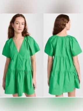 NWOT A.L.C. V-Neck Camila Short-Oversized Sleeve Tiered Mini Dress Green Size: 0
